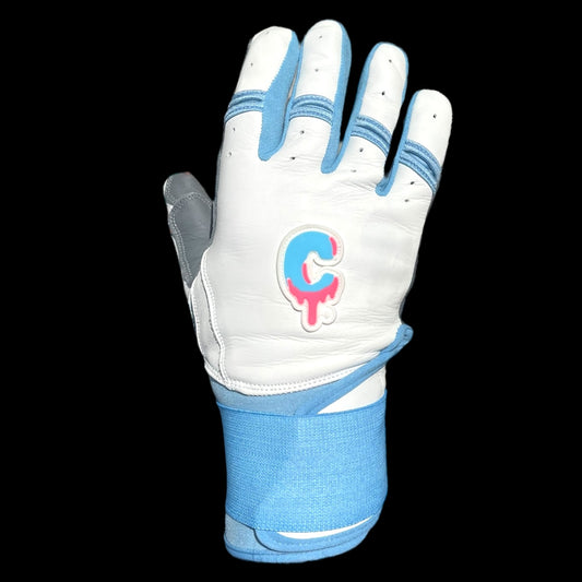 CUSTOM Brand Baseball Batting Gloves Long Cuff Baby Blue & White